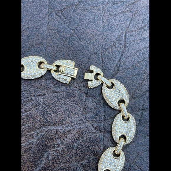 14k Gold Real 925 Sterling Silver Mens Iced Puffed Gucci Link Bracelet Diamond - Picture 9 of 9